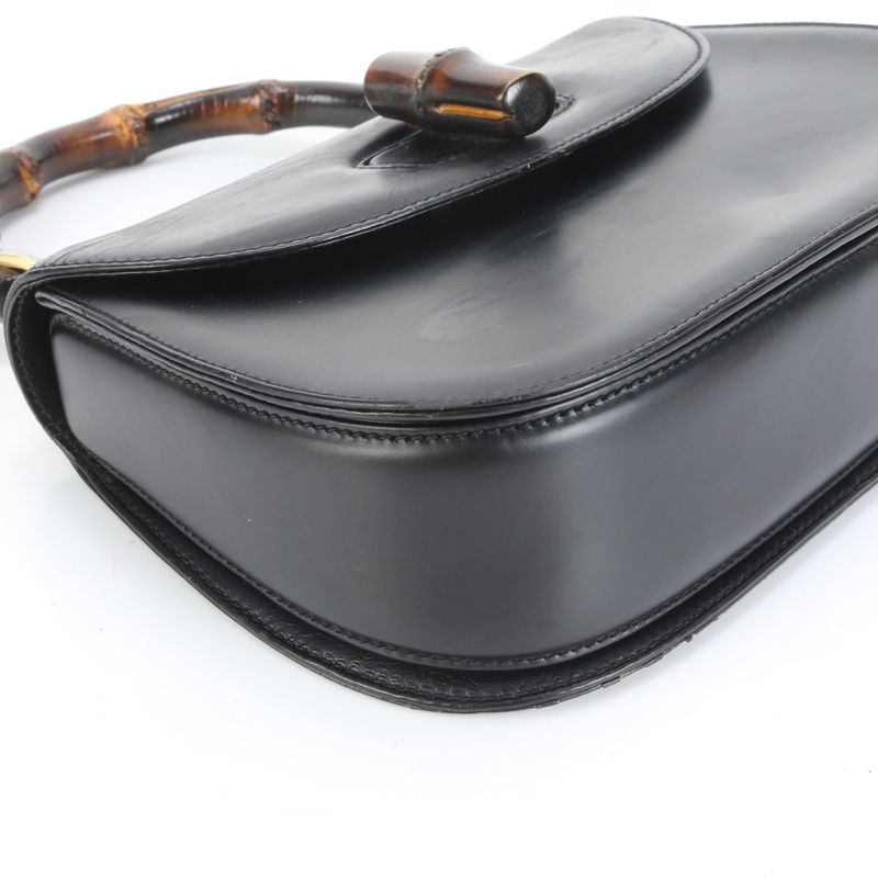 Vintage Old Gucci Bamboo Leather Handbag Genuine Leather Black Women's RUM