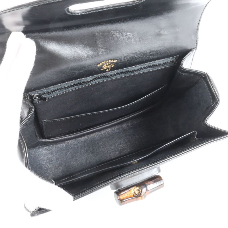 Vintage Old Gucci Bamboo Leather Handbag Genuine Leather Black Women's RUM