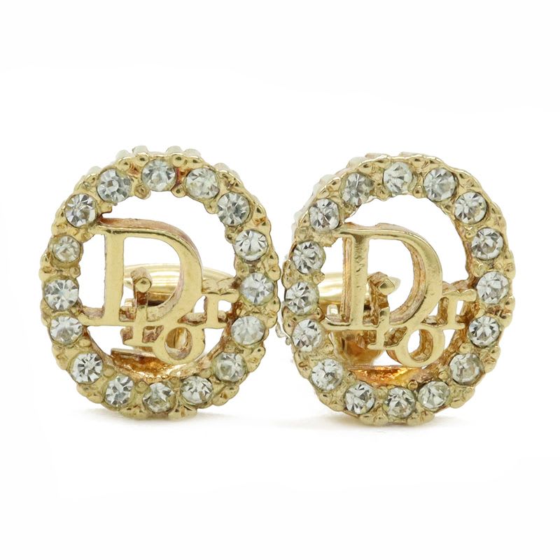Christian Dior Logo Earrings GP Rhinestone