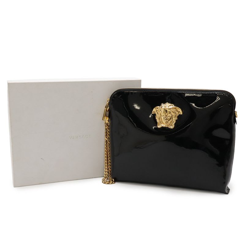 Versace Medusa Clutch Bag Second Enamel Patent Leather Black Gold Hardware