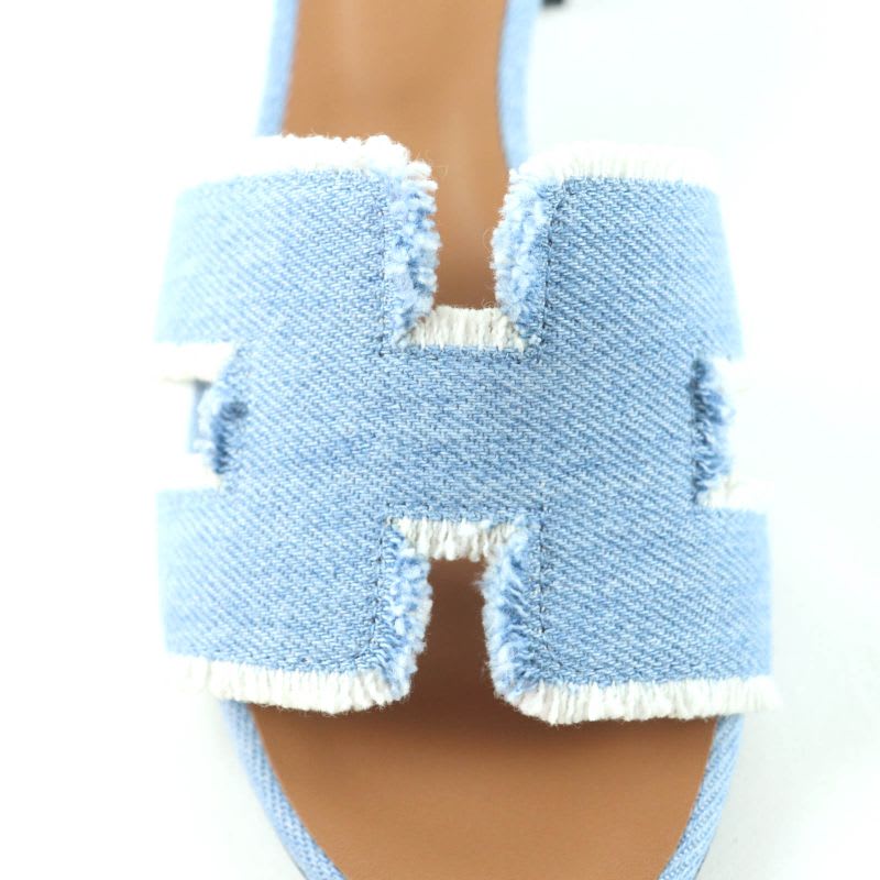 Hermes Oasis H Design Chunky Heel Denim Sandals Indigo 35 Boxes Storage Bag
