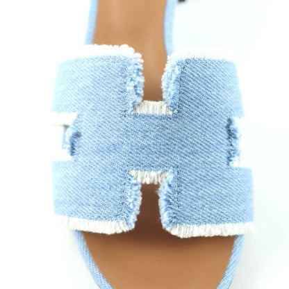 Hermes Oasis H Design Chunky Heel Denim Sandals Indigo 35 Boxes Storage Bag