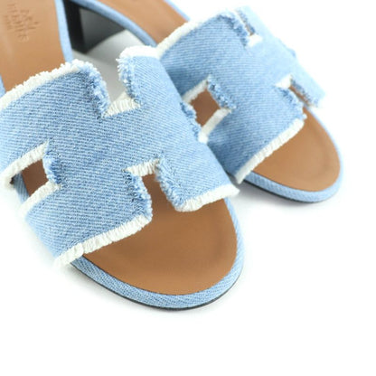 Hermes Oasis H Design Chunky Heel Denim Sandals Indigo 35 Boxes Storage Bag