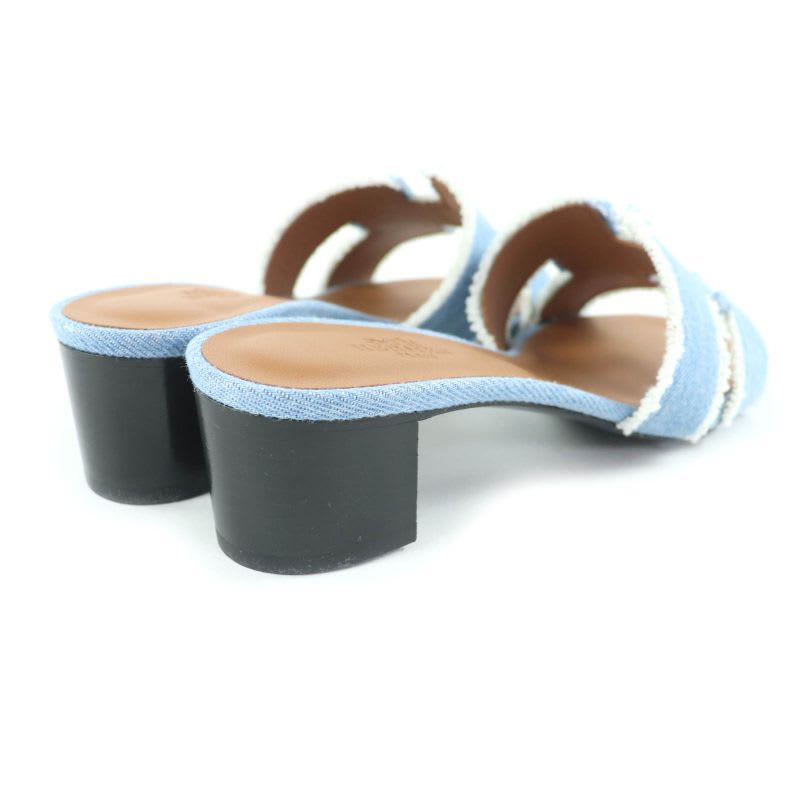 Hermes Oasis H Design Chunky Heel Denim Sandals Indigo 35 Boxes Storage Bag