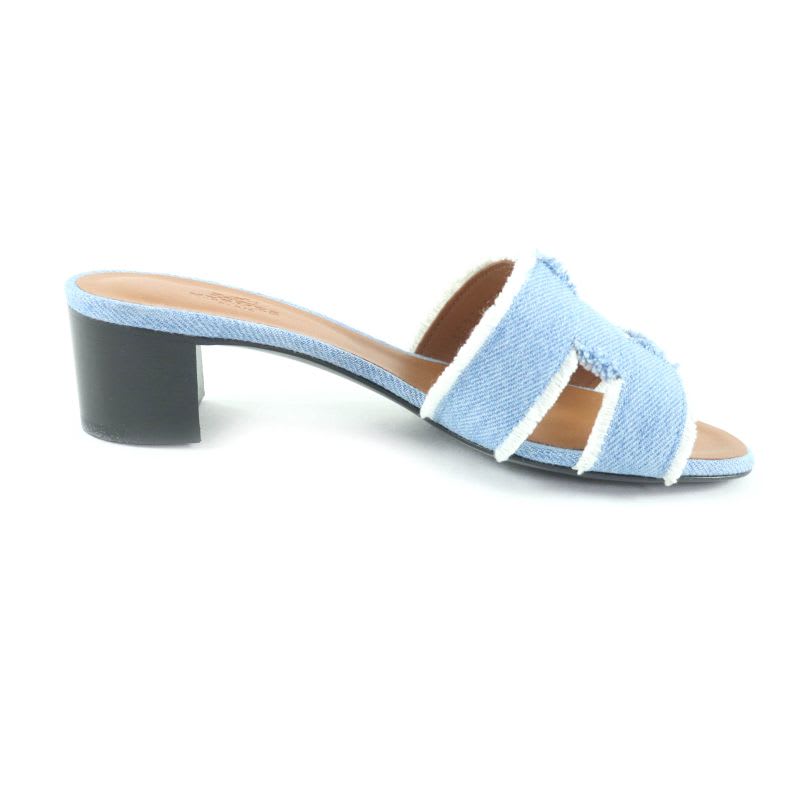 Hermes Oasis H Design Chunky Heel Denim Sandals Indigo 35 Boxes Storage Bag