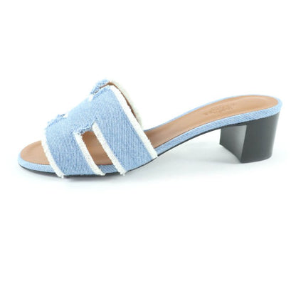 Hermes Oasis H Design Chunky Heel Denim Sandals Indigo 35 Boxes Storage Bag