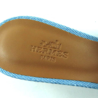 Hermes Oasis H Design Chunky Heel Denim Sandals Indigo 35 Boxes Storage Bag