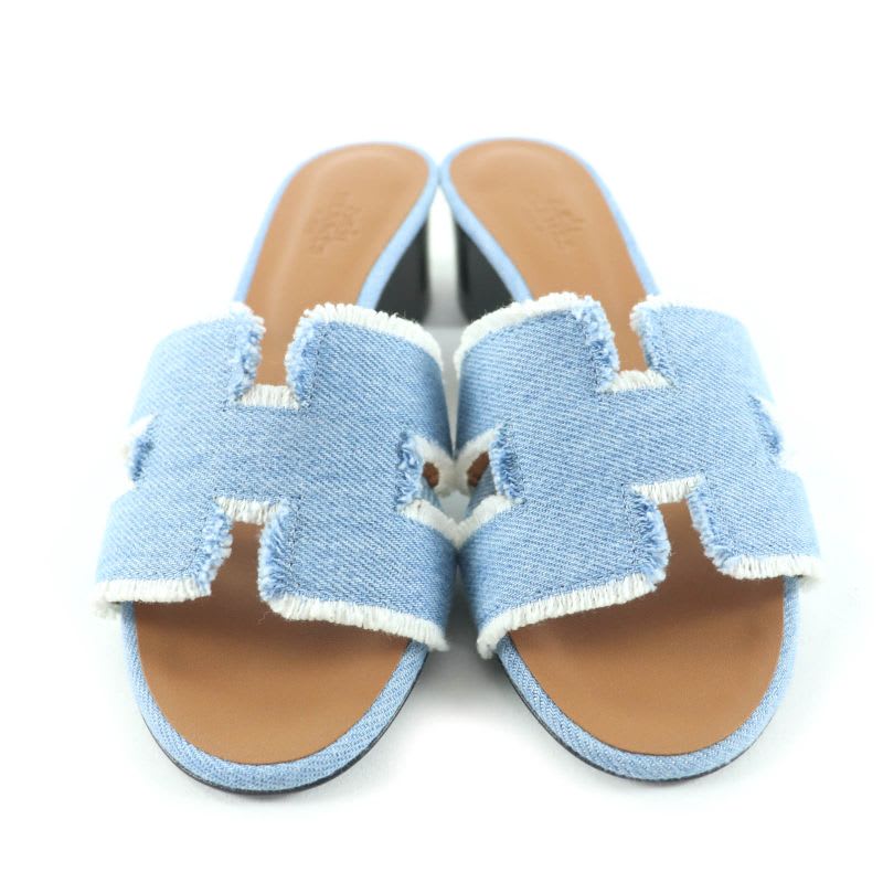 Hermes Oasis H Design Chunky Heel Denim Sandals Indigo 35 Boxes Storage Bag