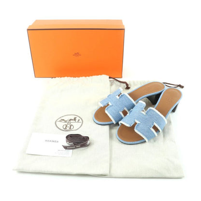 Hermes Oasis H Design Chunky Heel Denim Sandals Indigo 35 Boxes Storage Bag