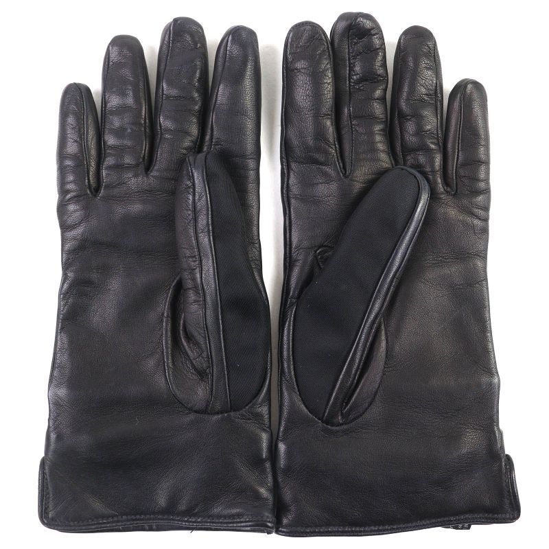 Prada Lining 100% Cashmere Logo Plate Lamb Leather Gloves Black Silver