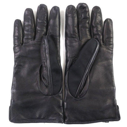 Prada Lining 100% Cashmere Logo Plate Lamb Leather Gloves Black Silver
