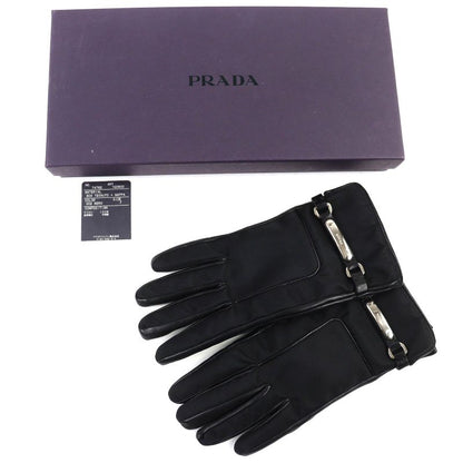 Prada Lining 100% Cashmere Logo Plate Lamb Leather Gloves Black Silver