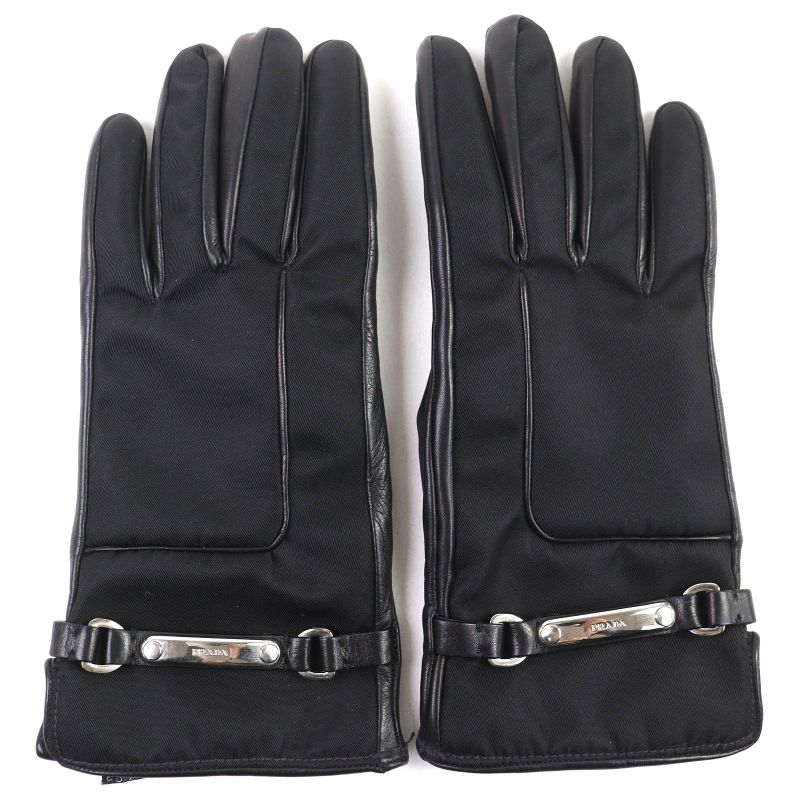 Prada Lining 100% Cashmere Logo Plate Lamb Leather Gloves Black Silver