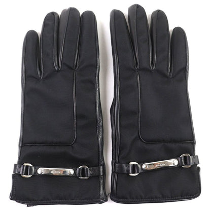 Prada Lining 100% Cashmere Logo Plate Lamb Leather Gloves Black Silver