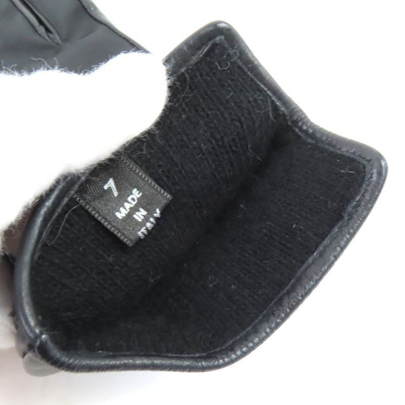 Prada Lining 100% Cashmere Logo Plate Lamb Leather Gloves Black Silver