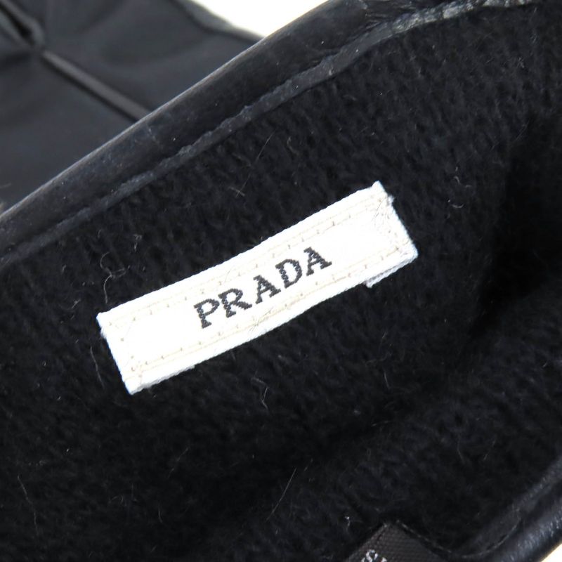 Prada Lining 100% Cashmere Logo Plate Lamb Leather Gloves Black Silver