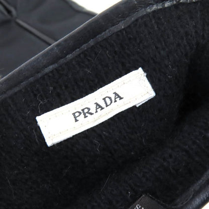 Prada Lining 100% Cashmere Logo Plate Lamb Leather Gloves Black Silver