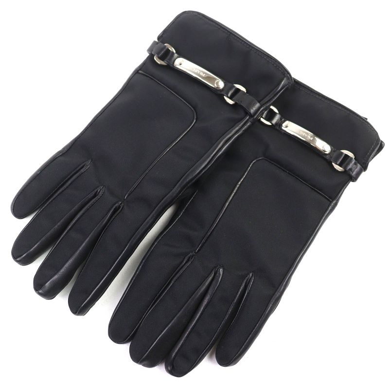 Prada Lining 100% Cashmere Logo Plate Lamb Leather Gloves Black Silver