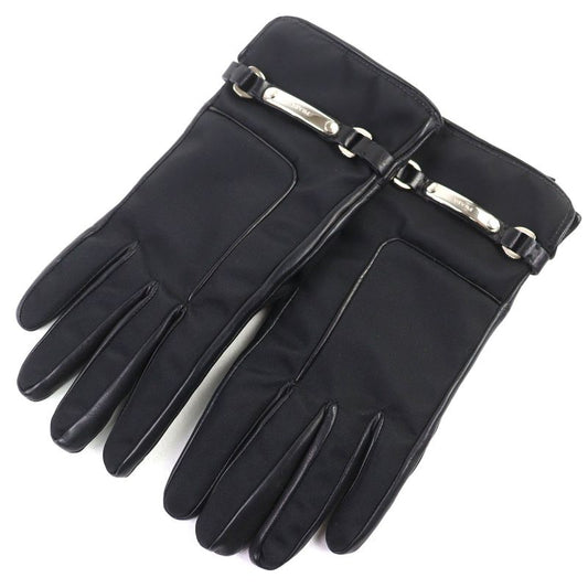 Prada Lining 100% Cashmere Logo Plate Lamb Leather Gloves Black Silver