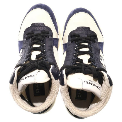 Chanel Coco Mark Fabric Leather High Cut Sneakers White Black Women's G38804