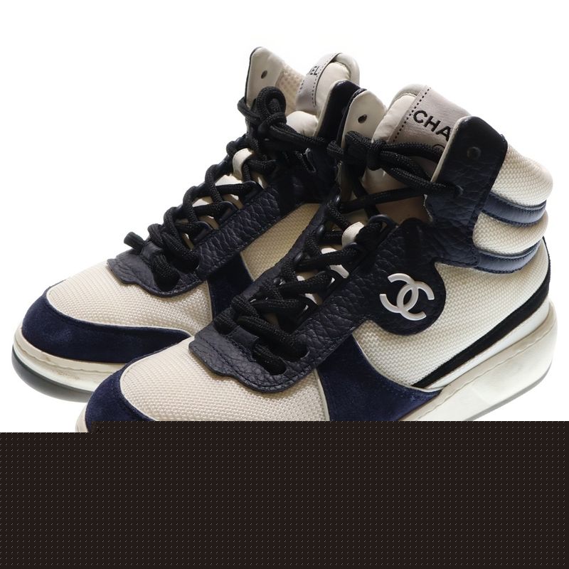 Chanel Coco Mark Fabric Leather High Cut Sneakers White Black Women's G38804