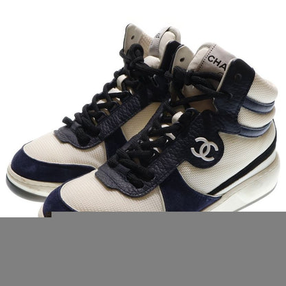 Chanel Coco Mark Fabric Leather High Cut Sneakers White Black Women's G38804