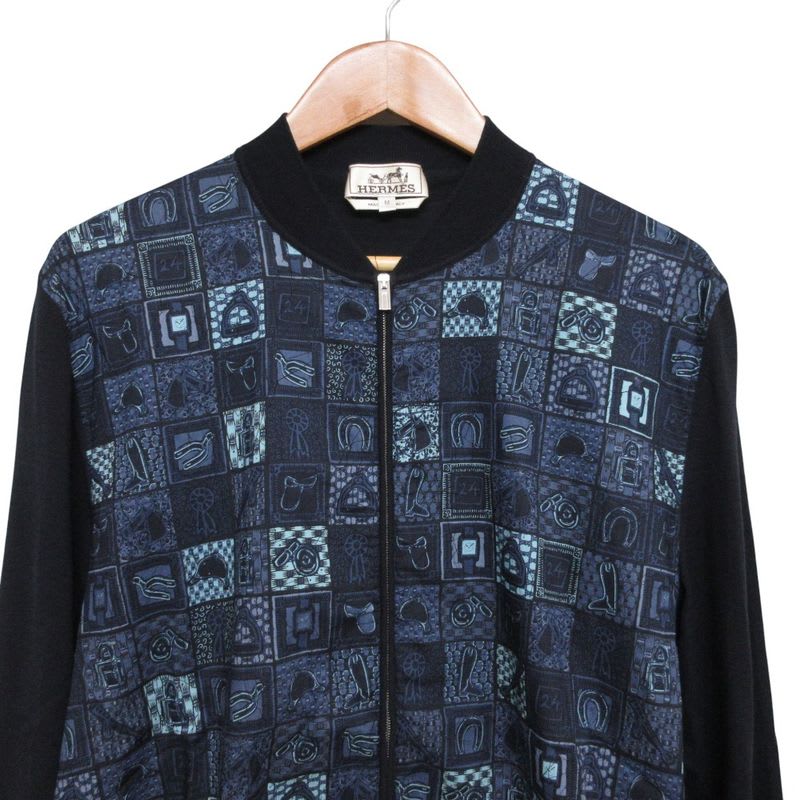 Hermes Allover Pattern Switching Knit Cotton Zip Up Blouson Jacket M Navy Men's