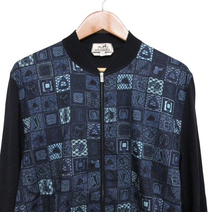 Hermes Allover Pattern Switching Knit Cotton Zip Up Blouson Jacket M Navy Men's