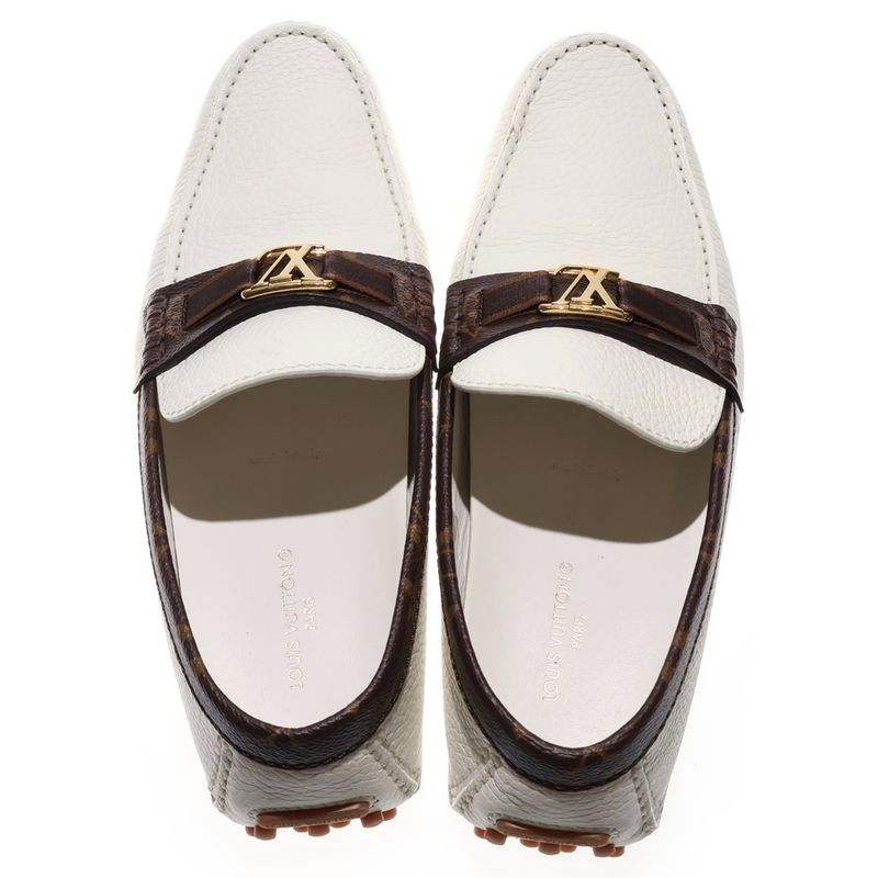 Louis Vuitton Monogram LV Logo Leather Loafers Driving Shoes White Brown