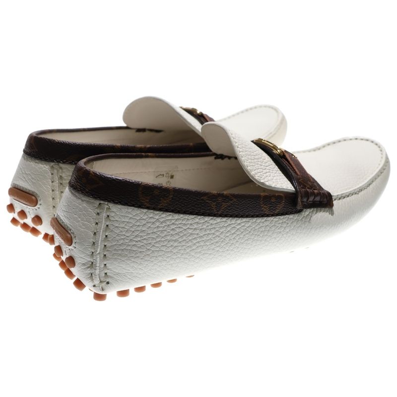 Louis Vuitton Monogram LV Logo Leather Loafers Driving Shoes White Brown