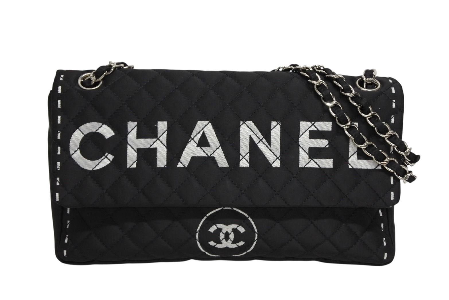 Chanel Quilted Jumbo CC Logo Chain Shoulder Bag Single Flap Black White Silver