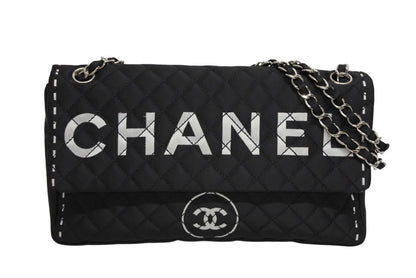 Chanel Quilted Jumbo CC Logo Chain Shoulder Bag Single Flap Black White Silver