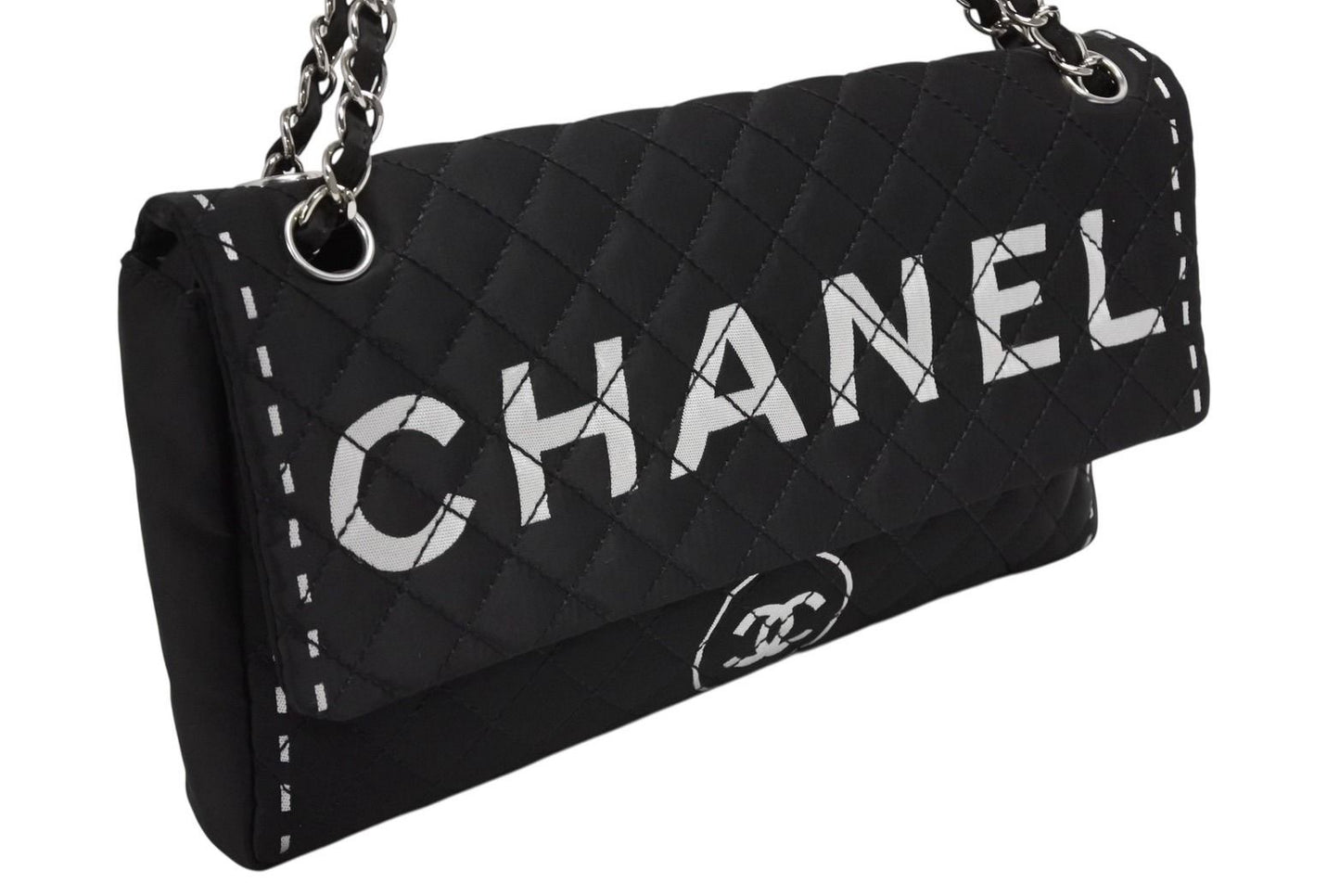 Chanel Quilted Jumbo CC Logo Chain Shoulder Bag Single Flap Black White Silver — view 3