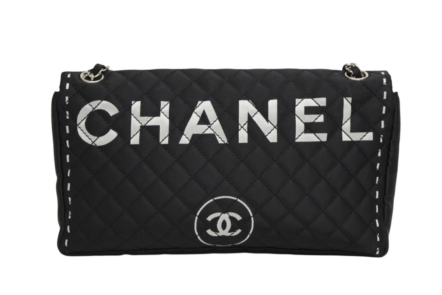 Chanel Quilted Jumbo CC Logo Chain Shoulder Bag Single Flap Black White Silver — view 2