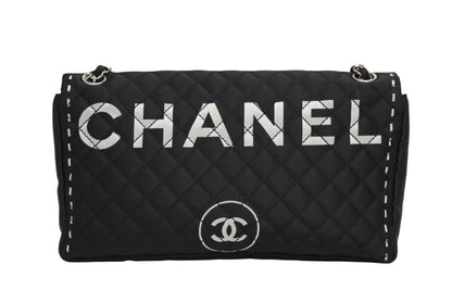 Chanel Quilted Jumbo CC Logo Chain Shoulder Bag Single Flap Black White Silver — view 2