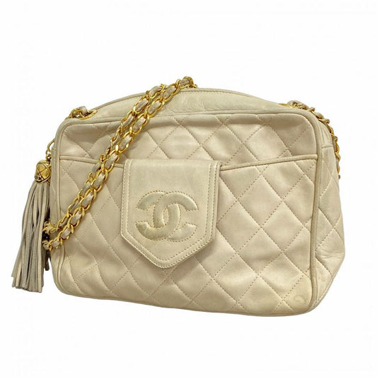 Chanel Shoulder Bag Matelasse Lambskin White Gold Hardware Women's