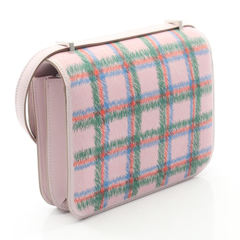 Hermes Shoulder Bag Constance 3 Mini Tartan Mauve Pale Leather