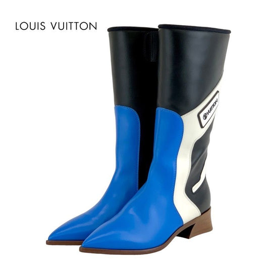 Louis Vuitton Flags Line Boots Long Boots Shoes Leather Blue Black White Logo