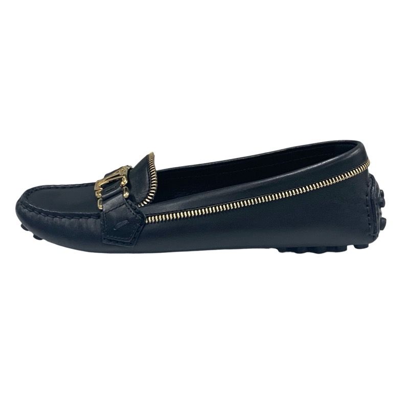Louis Vuitton Flat Shoes Leather Black Gold Logo Driving Shoes Zip Design