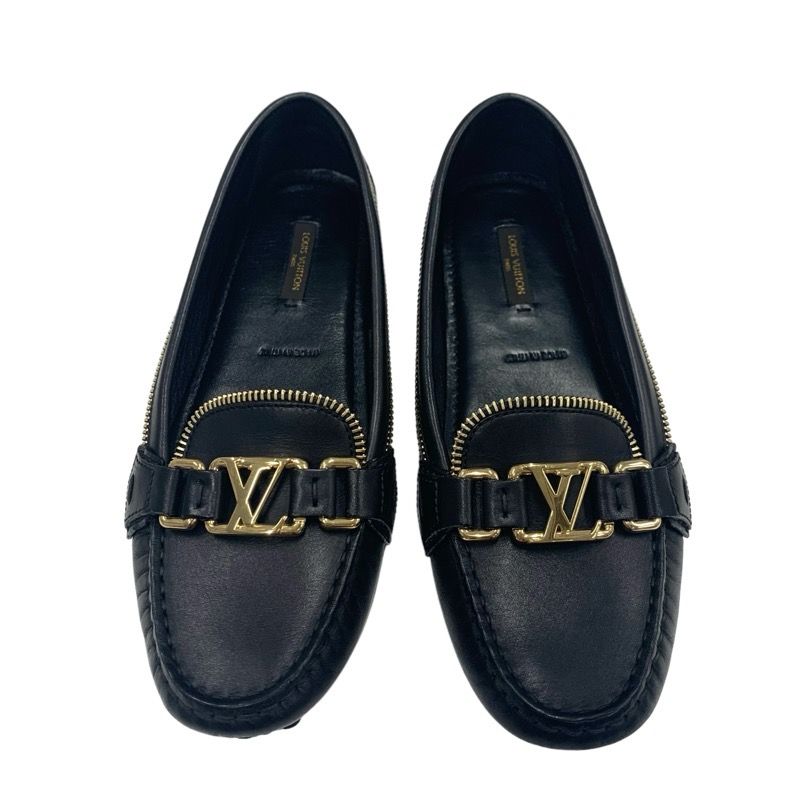 Louis Vuitton Flat Shoes Leather Black Gold Logo Driving Shoes Zip Design