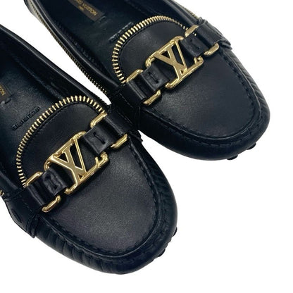 Louis Vuitton Flat Shoes Leather Black Gold Logo Driving Shoes Zip Design
