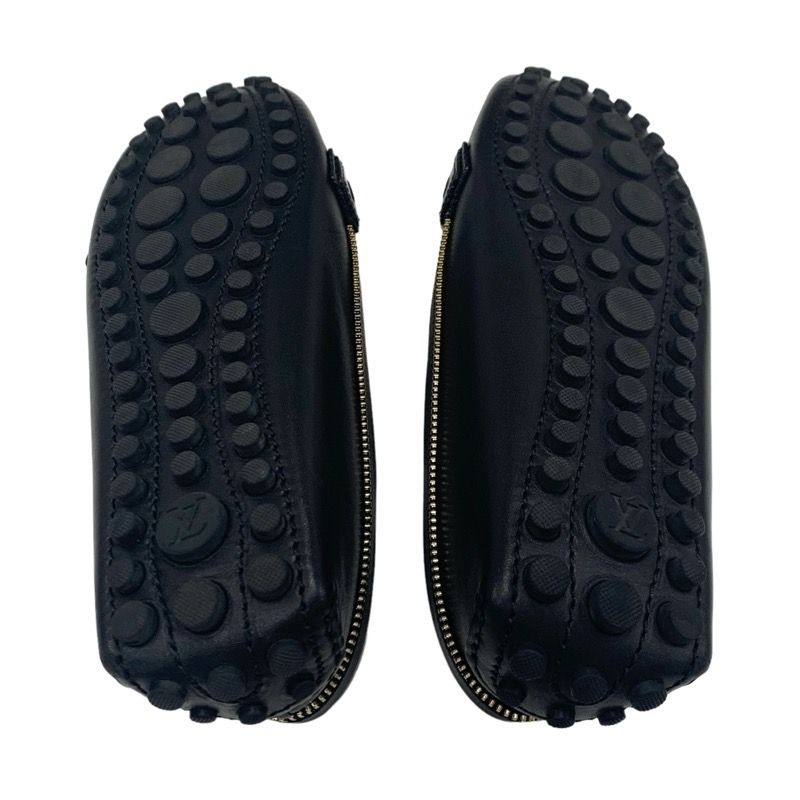 Louis Vuitton Flat Shoes Leather Black Gold Logo Driving Shoes Zip Design