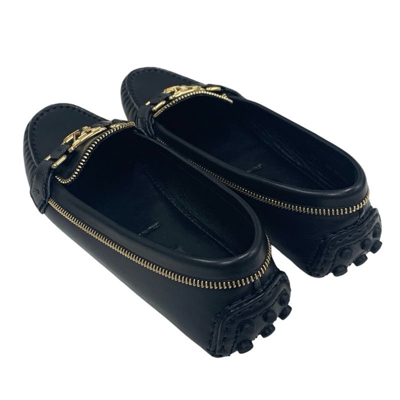 Louis Vuitton Flat Shoes Leather Black Gold Logo Driving Shoes Zip Design