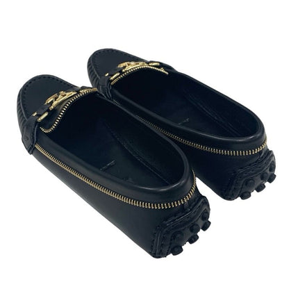 Louis Vuitton Flat Shoes Leather Black Gold Logo Driving Shoes Zip Design