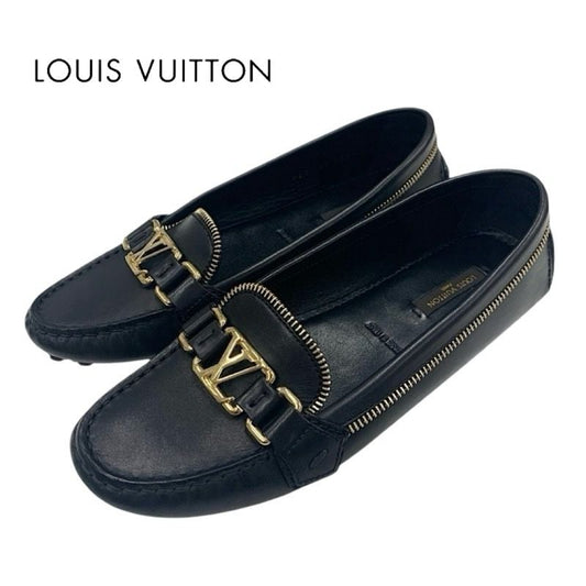 Louis Vuitton Flat Shoes Leather Black Gold Logo Driving Shoes Zip Design