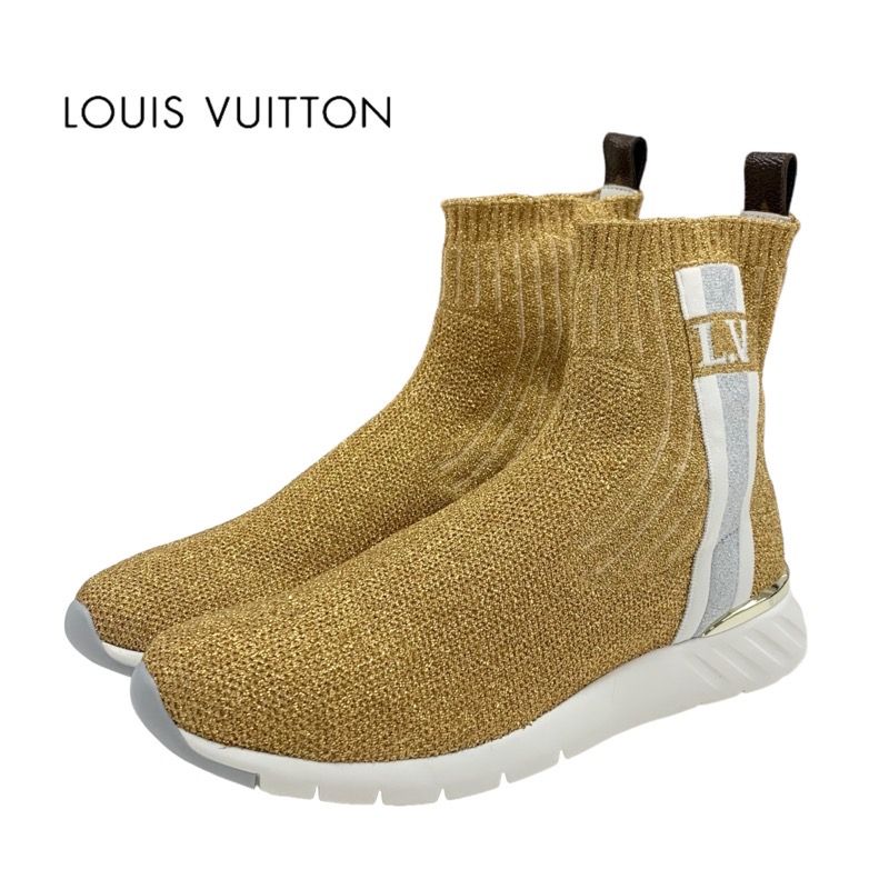 Louis Vuitton After Game Line Sneakers Shoes Fabric Gold White Unused Lame