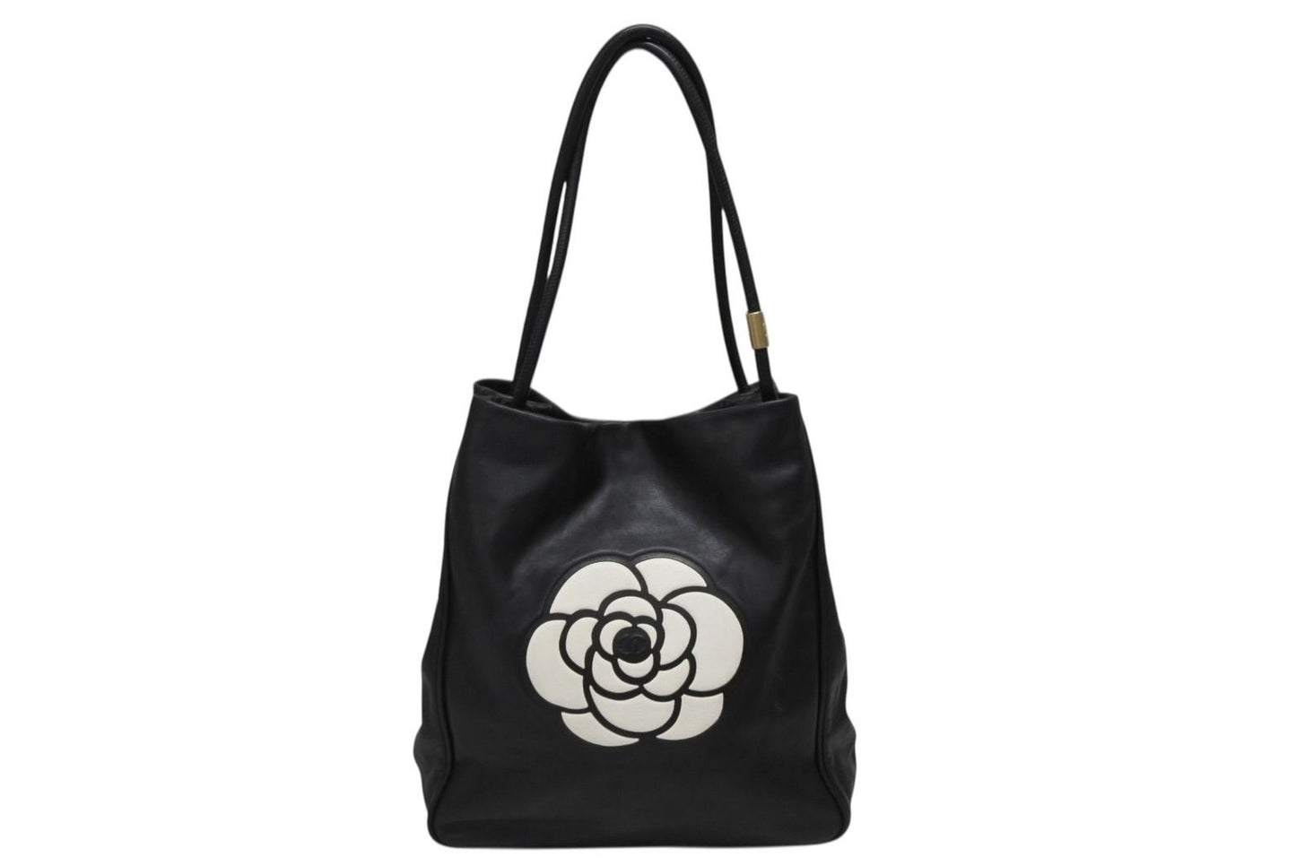 Chanel Camellia Logo Design Bag Black Leather Gold