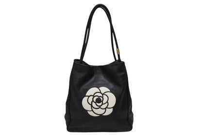 Chanel Camellia Logo Design Bag Black Leather Gold