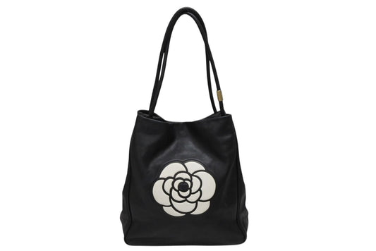 Chanel Camellia Logo Design Bag Black Leather Gold