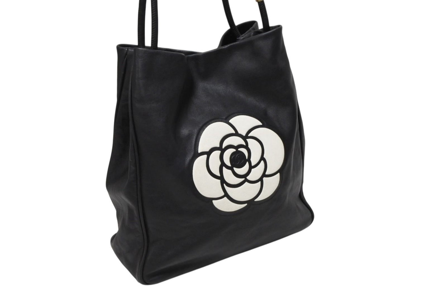 Chanel Camellia Logo Design Bag Black Leather Gold — view 4